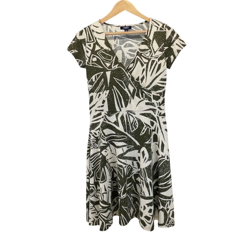 Chaps Womens Olive Green White Tropical Palm Leaf Faux Wrap A-Line Dress Size‎ M